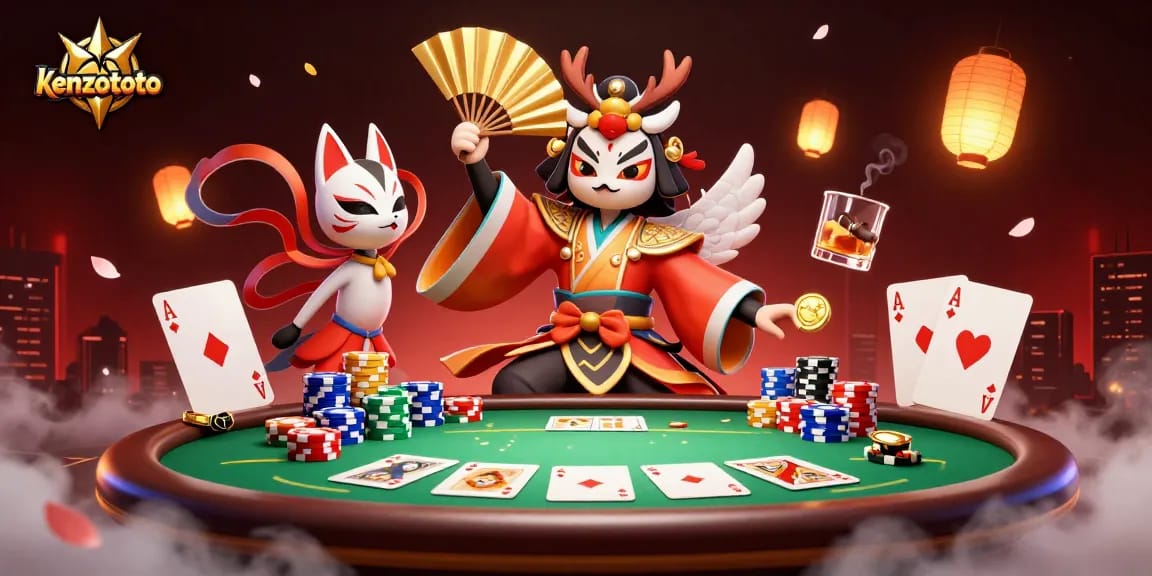 Win with kenzototo at a vibrant 3D casino, filled with poker action and dynamic characters.