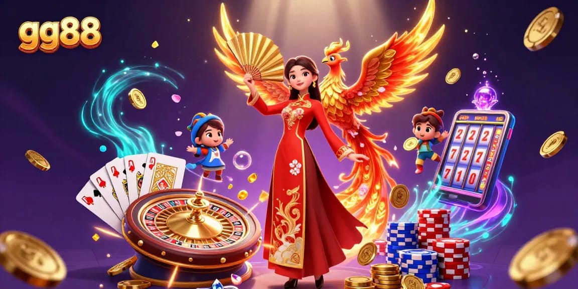 Experience the thrilling world of gg88 with a vibrant 3D illustration showcasing casino games, winning opportunities, and exciting gameplay.