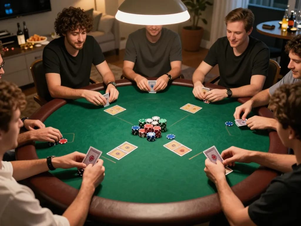 Pemain poker yang terlibat di malam permainan di rumah, menampilkan strategi dewi999 dengan chip berwarna-warni dan kartu.