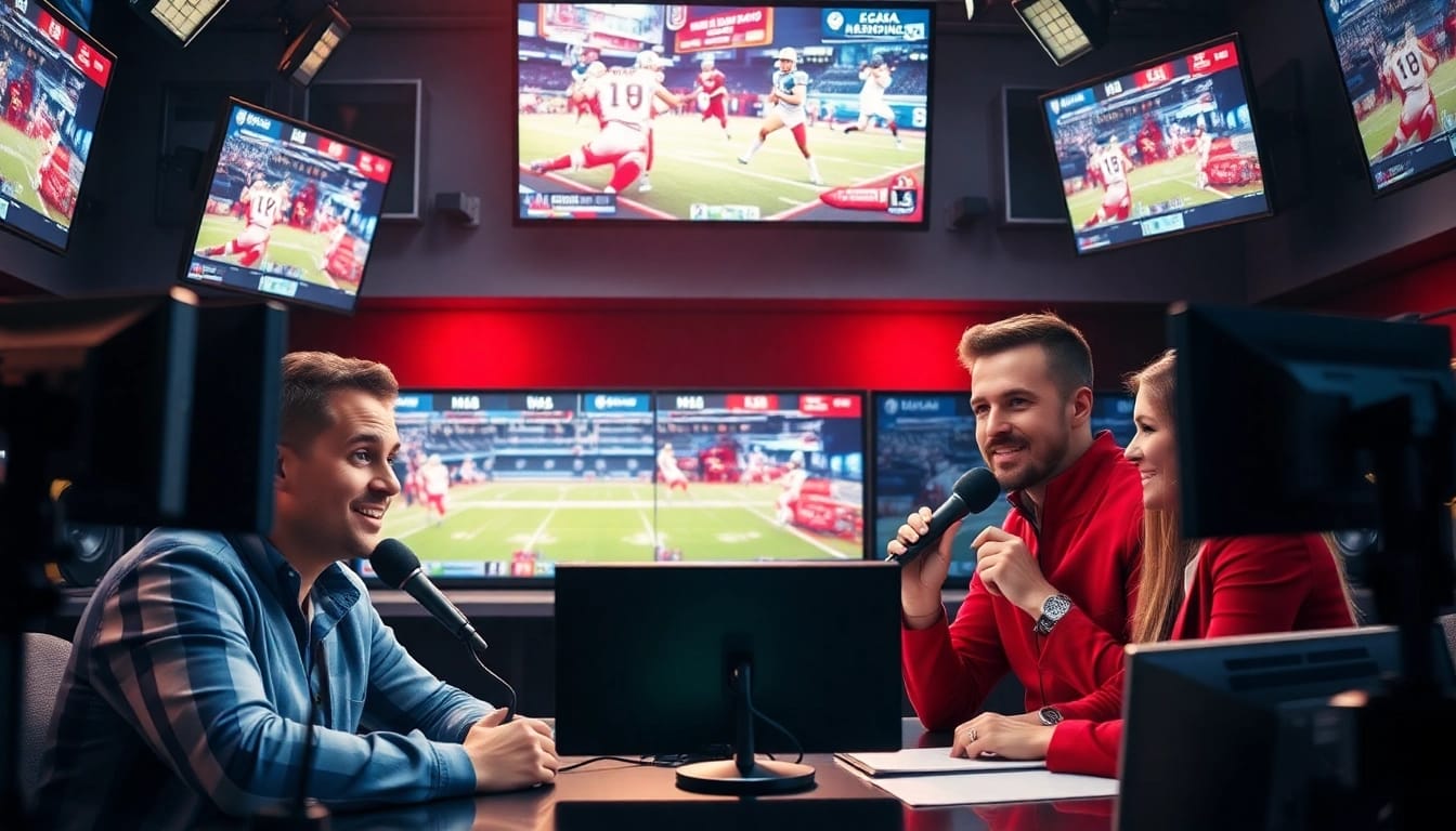 Engaged hosts in a dynamic sports broadcasting studio highlighting live event coverage.