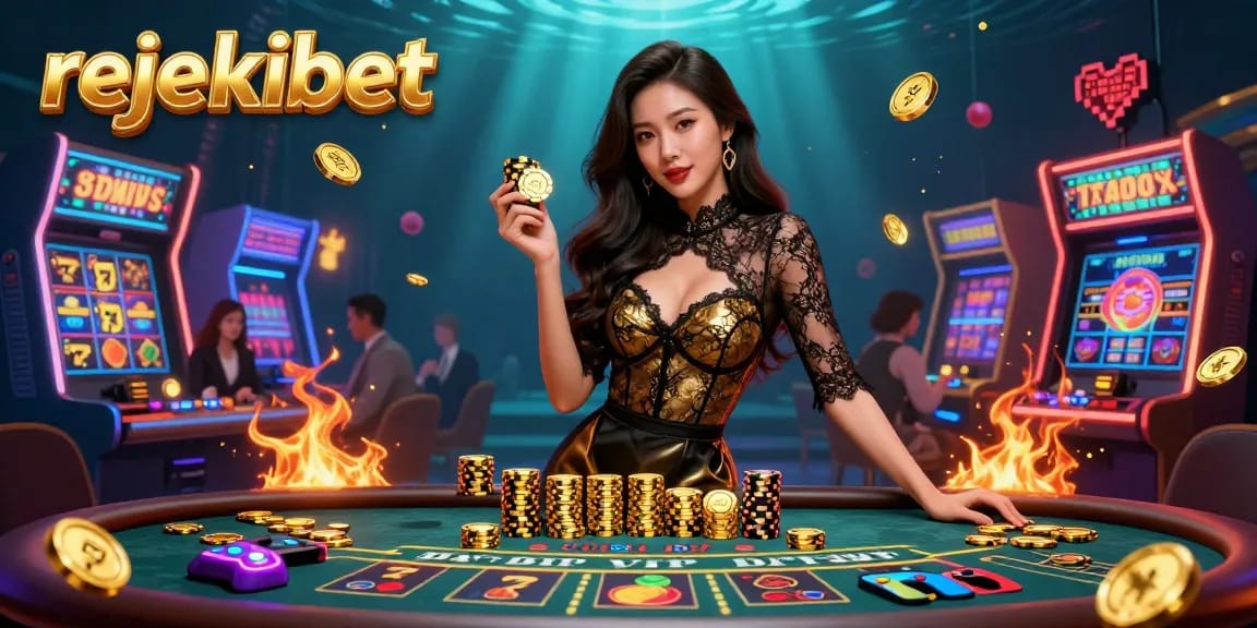 Experience thrilling gameplay at rejekibet with a glamorous Asian woman at a baccarat table surrounded by vibrant casino elements.