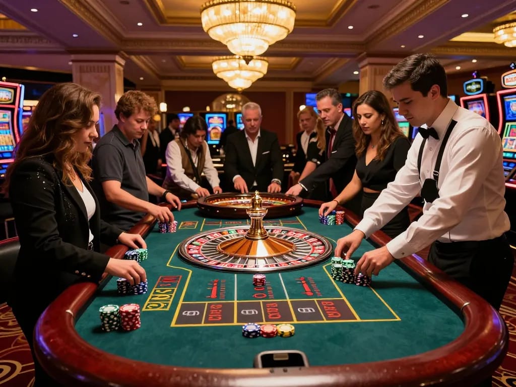 Experience the excitement at FABET's roulette table with players anticipating their bets and vibrant decor.