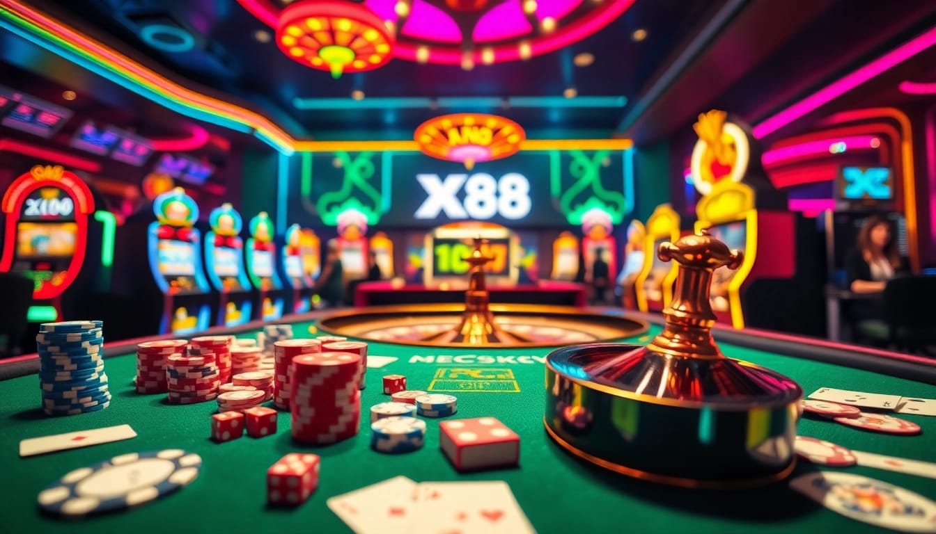 Engaging casino gameplay at nhà cái XX88, featuring poker chips and vibrant slot machines.