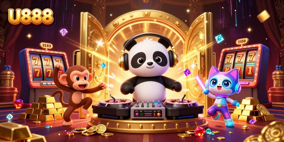 Experience U888's vibrant casino atmosphere with a DJ panda, breakdancer, and glowing kitten.