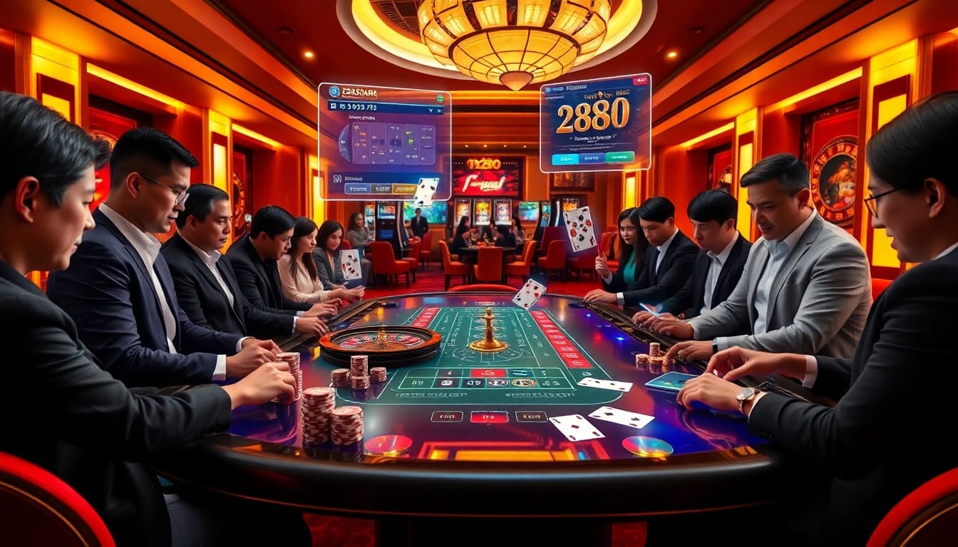Engaged players using the hz88 app digital casino interface betting with professional poker chips and cards