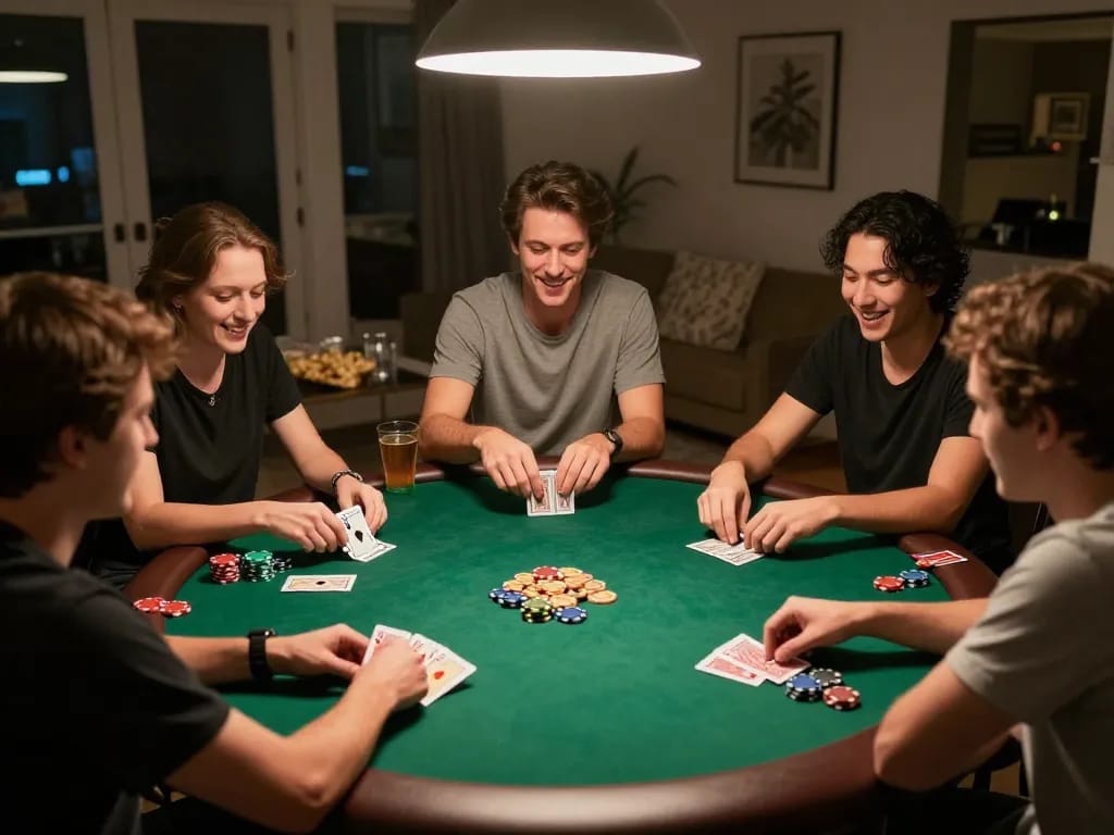 GO88 players enjoying a friendly poker game night, chips and cards in play, cozy atmosphere.