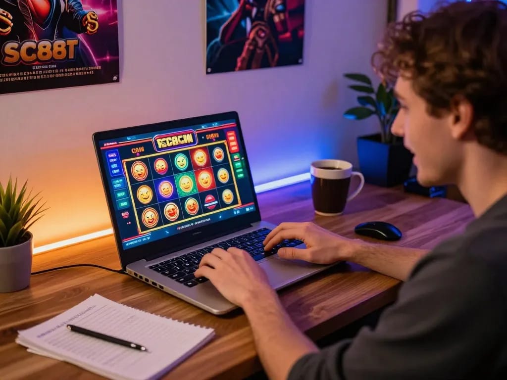 Engaged player enjoying online casino gaming on SC88 COM platform, surrounded by strategy notes and a cozy atmosphere.