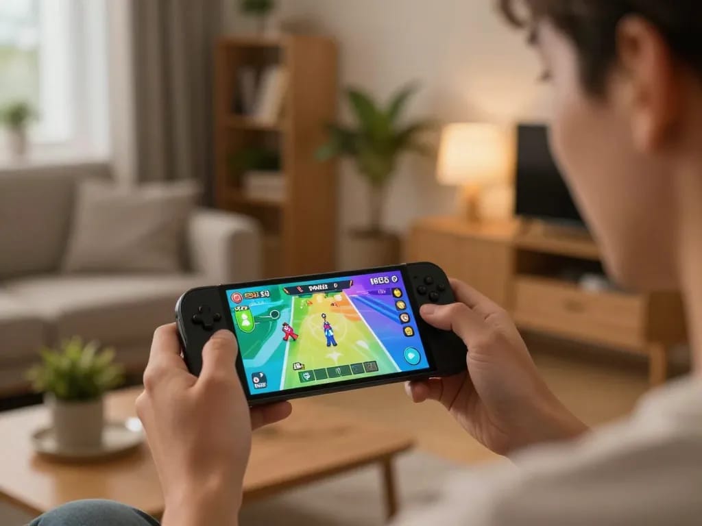 Playing Done55 app on smartphone in a cozy living room, emphasizing modern online gaming