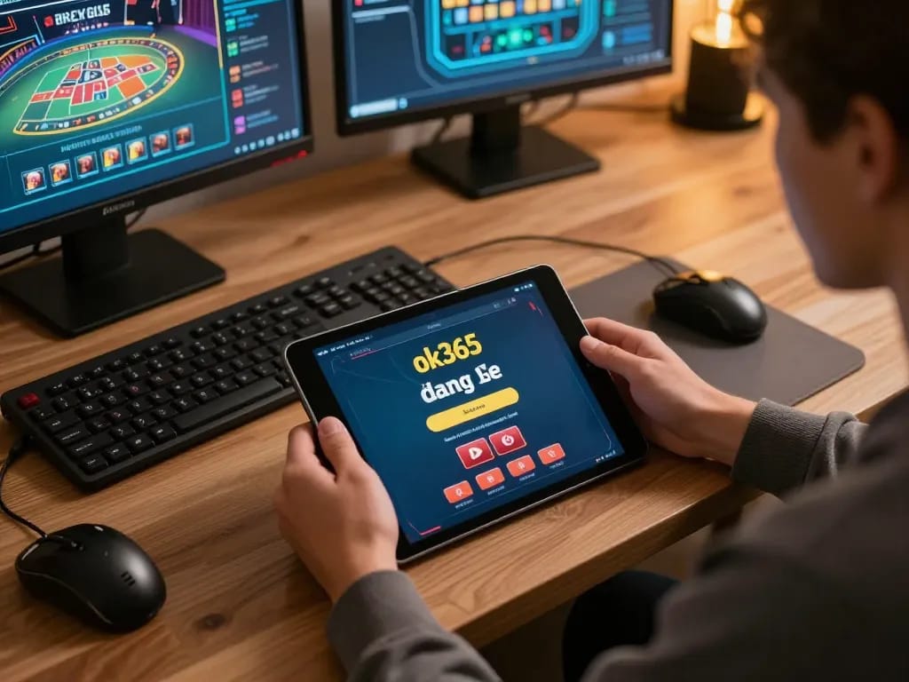 Person utilizing ok365 đăng nhập on a tablet for online gambling in a cozy home setup.