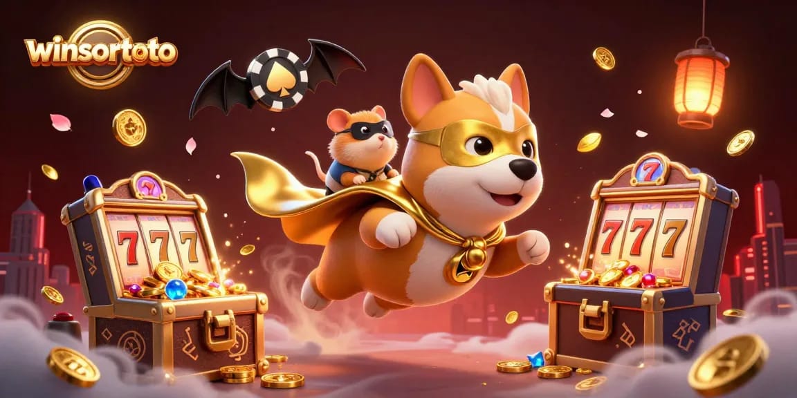 winsortoto showcases a heroic dog flying with jackpot coins, surrounded by colorful slot elements.