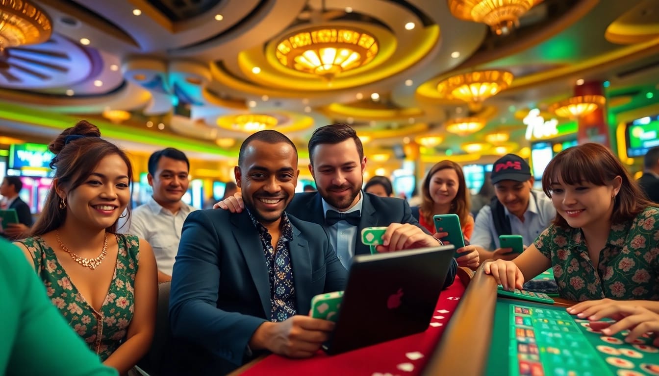 Engaging scene of diverse players enjoying 789bet online casino with vibrant colors and high-tech interface.