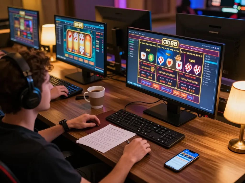 Engaged player using cm 88 platform on multiple screens for an immersive online gaming experience.