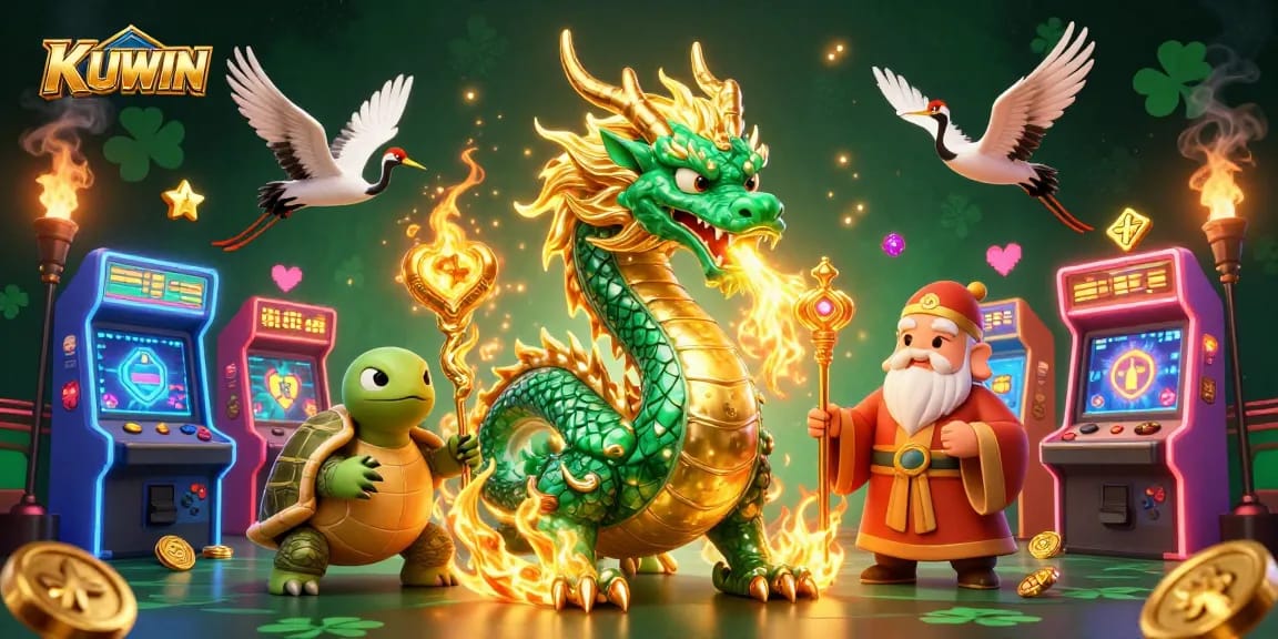 KUWIN's jade dragon ignites thrilling gameplay amidst vibrant casino elements and luck symbols.