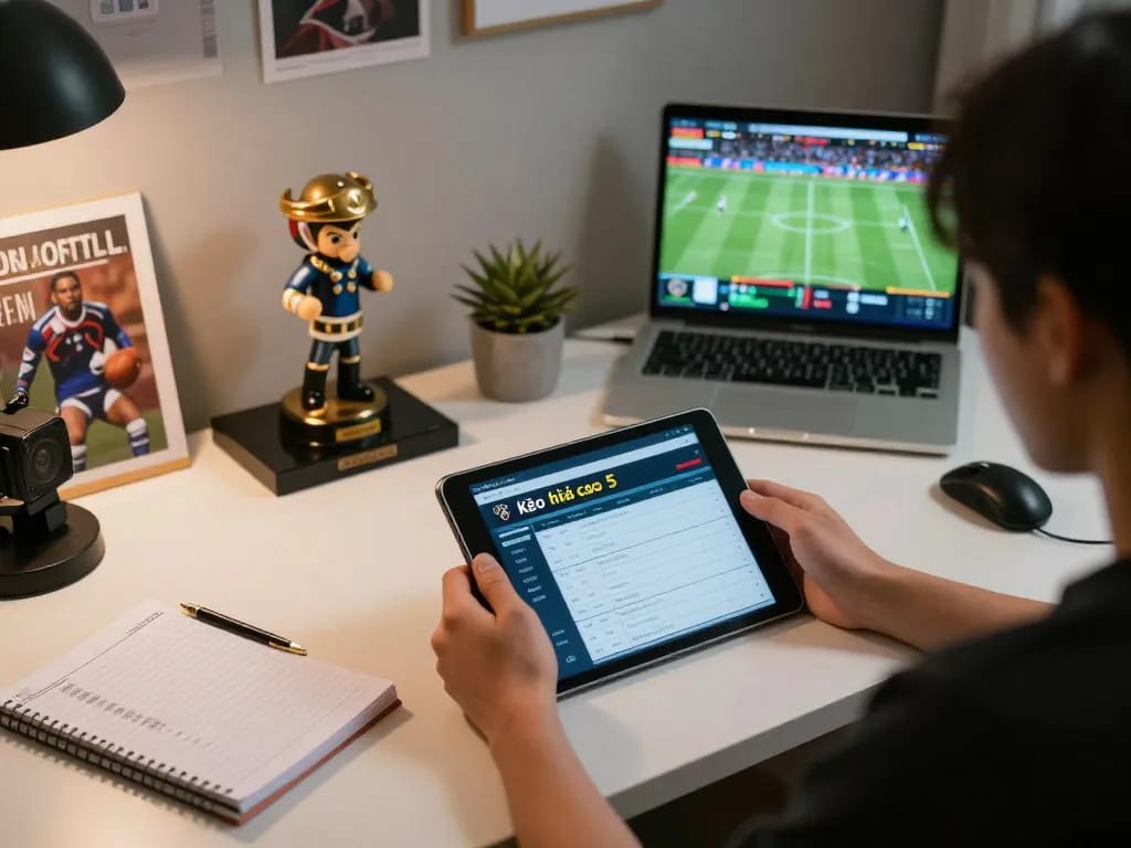 Kèo nhà cái 5 displayed on a tablet during an online sports betting session, showcasing strategic elements of gambling.