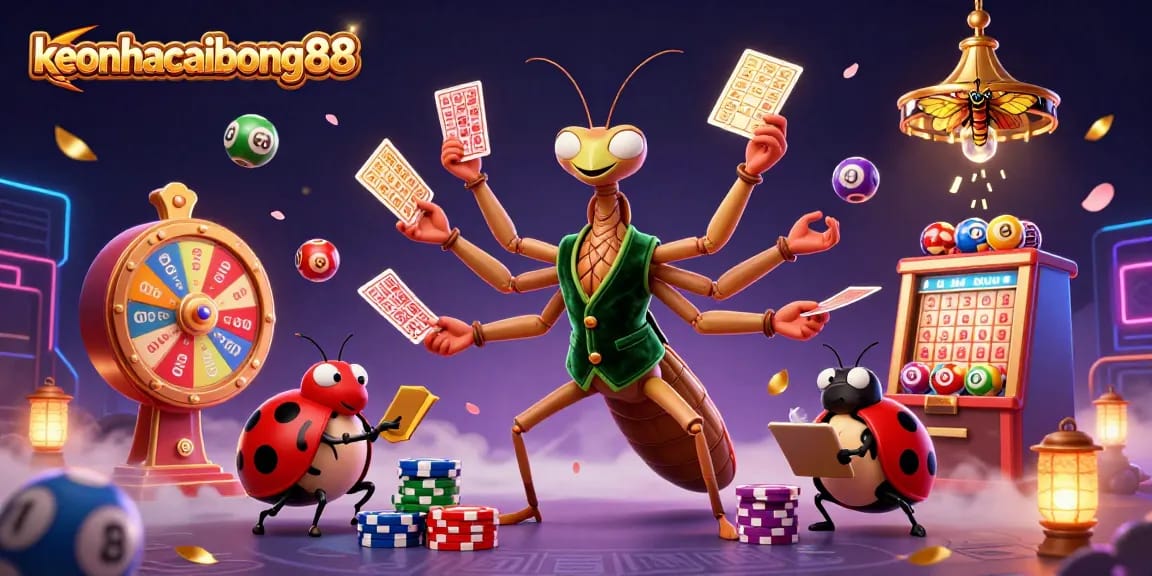 Engage in dynamic gaming at keonhacaibong88 with vibrant lottery balls, colorful elements, and exciting casino atmosphere.