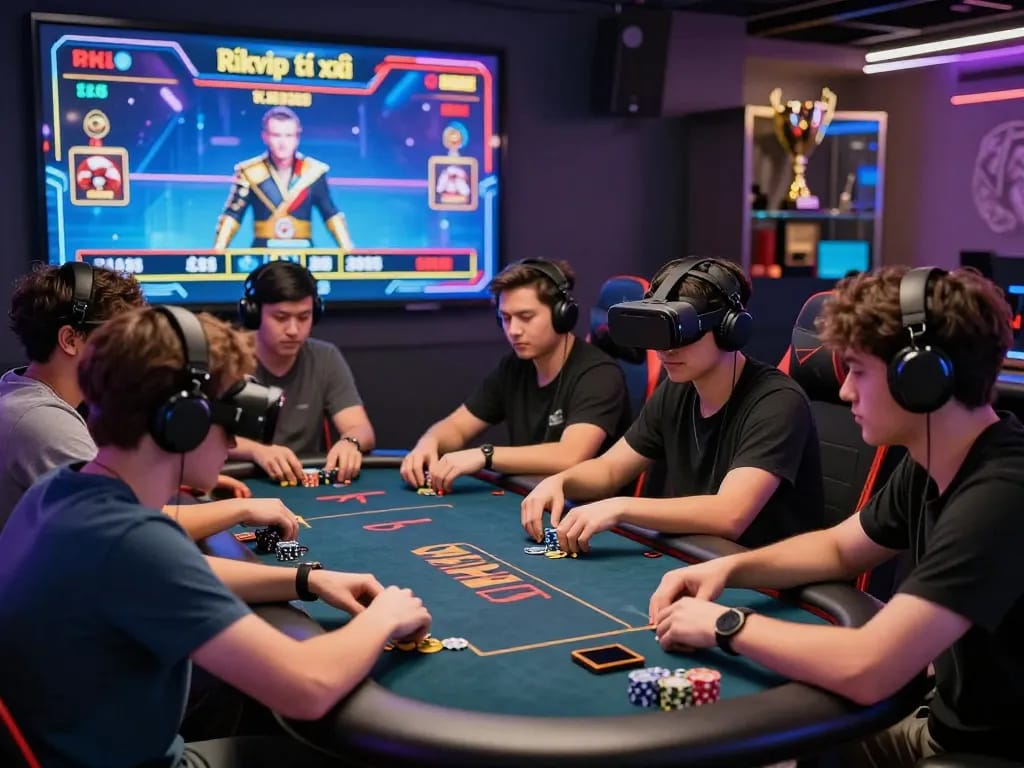 Exciting gaming lounge with players enjoying rikvip tài xỉu and vibrant LED lights.