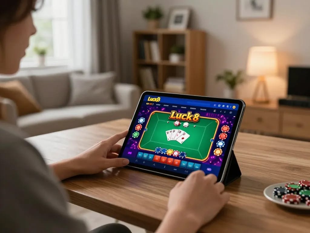 Luck8 users enjoying online gaming on a tablet, showcasing vibrant app interface.