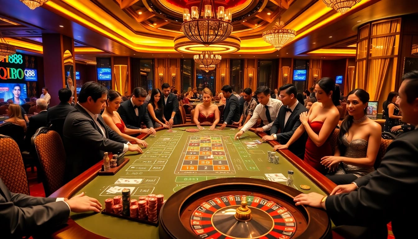 Thrilled players enjoying a game at QH88's luxurious casino table, with vibrant chips and cards.