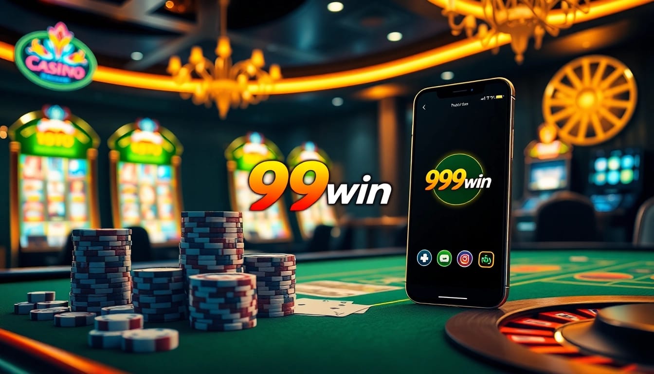 Player enjoying casino games at 99win with vibrant poker chips and luxury tables.