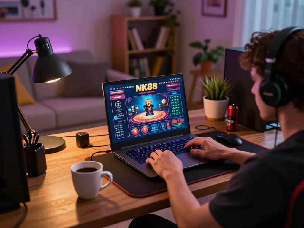 Engaging gameplay at NK88 nhà cái, player strategizing on laptop in cozy setting