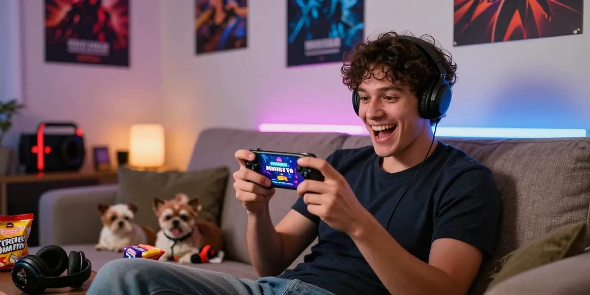 Engaging scene of a player enjoying free mobile porn games on a smartphone in a cozy living room.