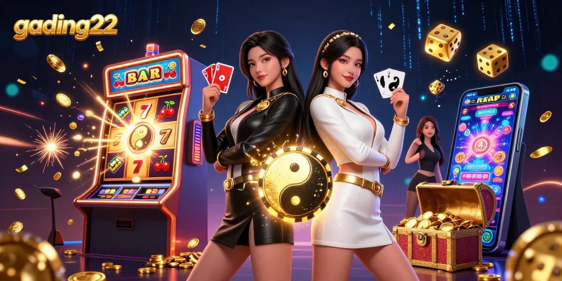 Immerse in the excitement of gading22 with twin Asian women showcasing their gambling skills amidst vibrant slot machine visuals.