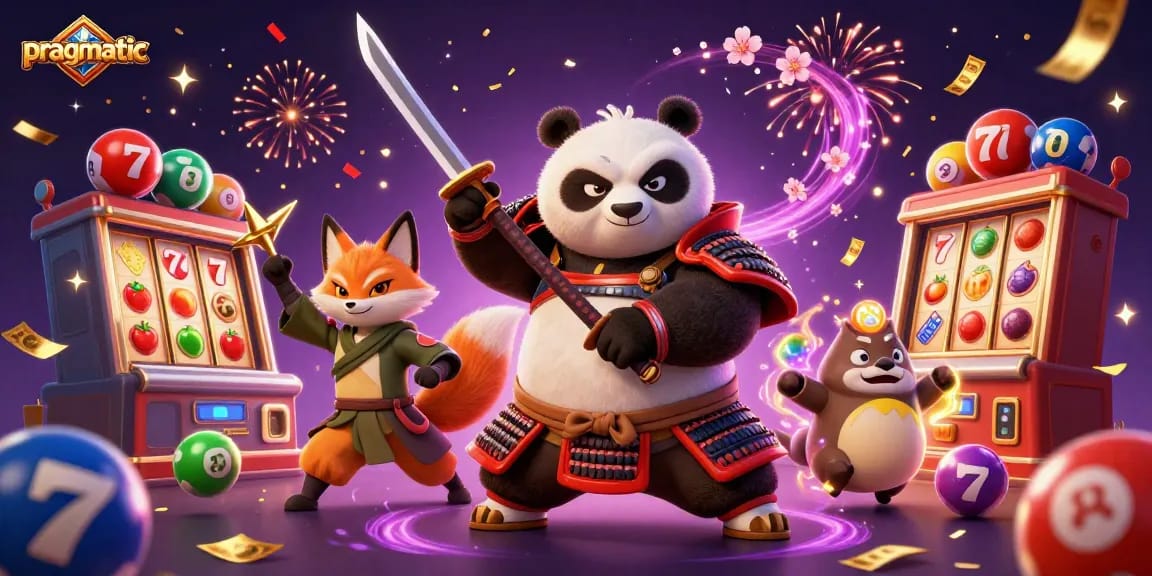 Play pragmatic slots with vibrant samurai panda and energetic fox in a dynamic casino scene.
