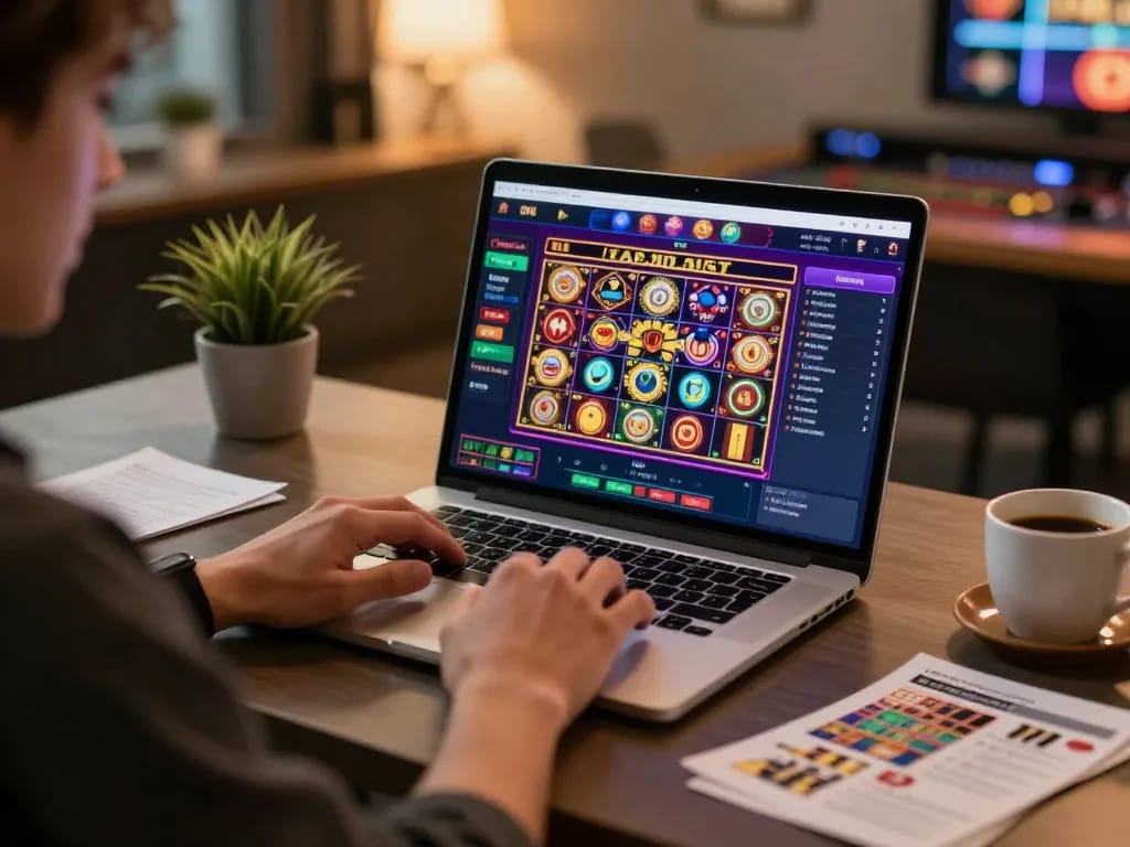 Player engaging with lc88 online casino game on laptop, showcasing a vibrant slot game interface.