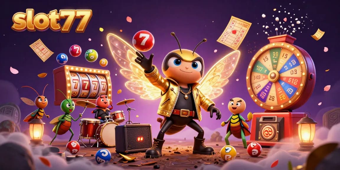 Spin to win with slot77 in a vibrant casino scene featuring dynamic characters and elements.