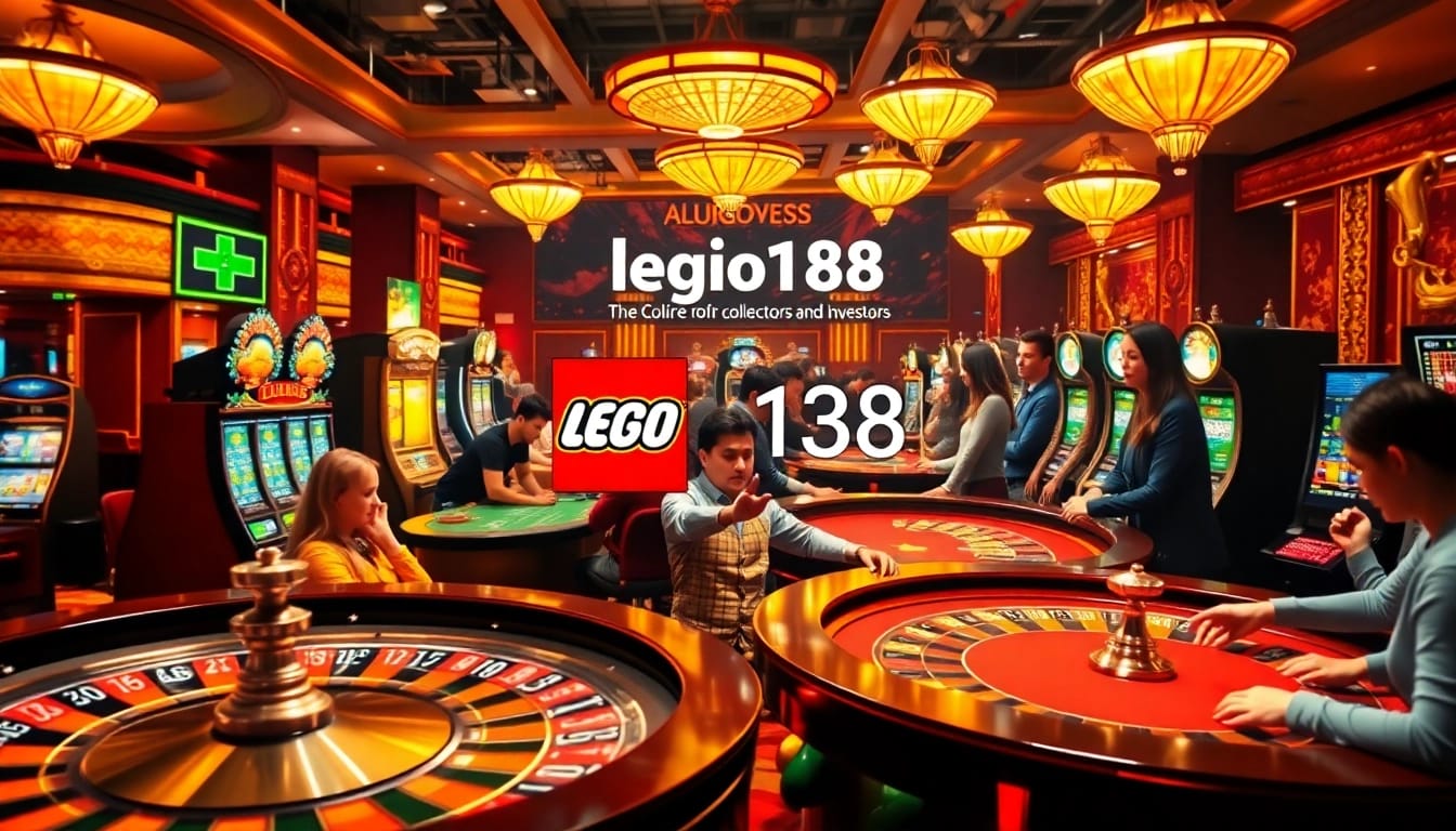 Experience the thrill of gambling at lego138 with a luxurious casino scene filled with slot machines and poker tables.