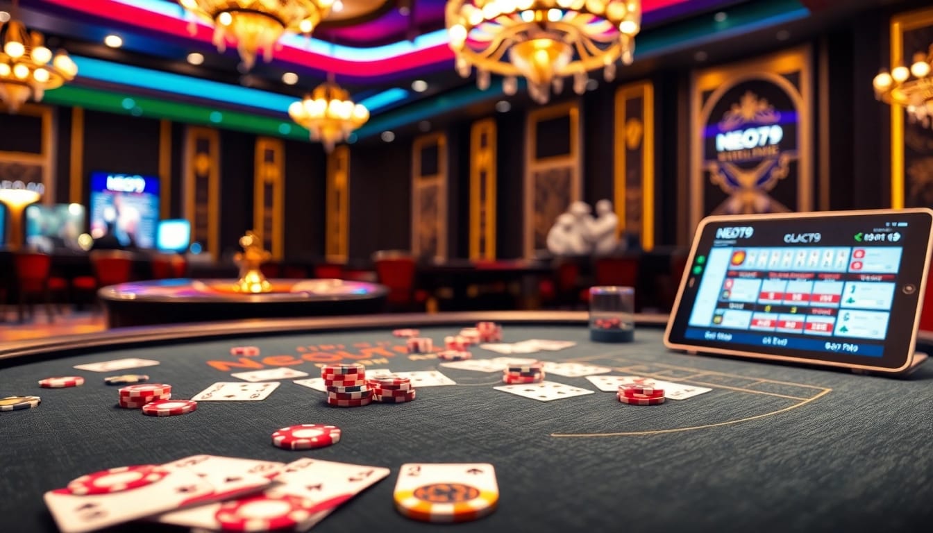 High-stakes gambling at a NEO79 casino table with vibrant lights, cards, and chips.