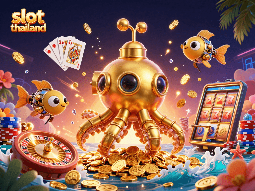 Experience exciting gameplay in slot thailand with a visual feast of golden coins, slot reels, and winning moments.