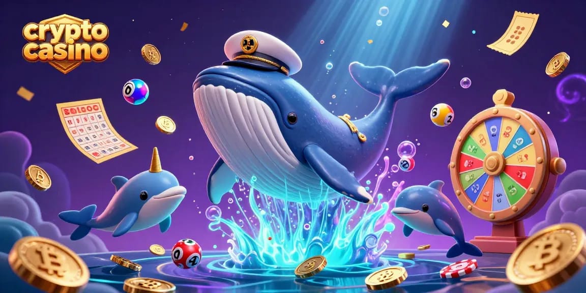 Experience the excitement of a crypto casino with a whale, narwhal, and dolphins celebrating wins.