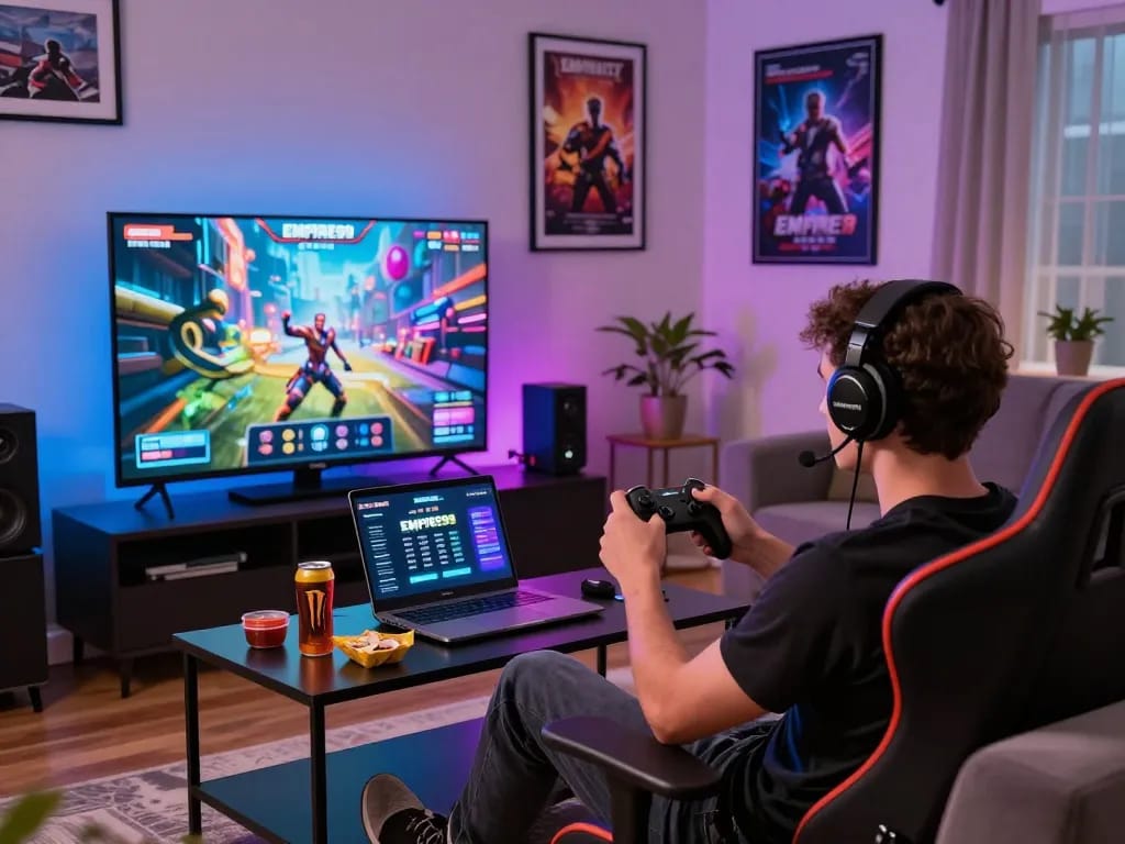 Engaging scene of a player enjoying Empire99 gaming with vibrant lights and snacks.