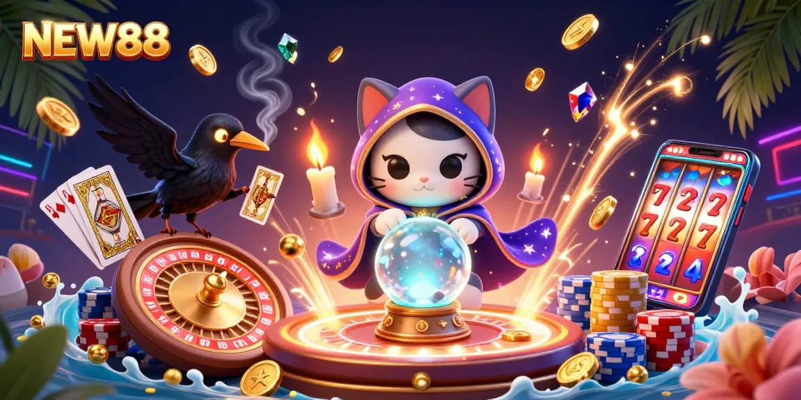 Engage in thrilling gaming experiences at NEW88 with the mystic cat, raven, and dynamic casino elements.