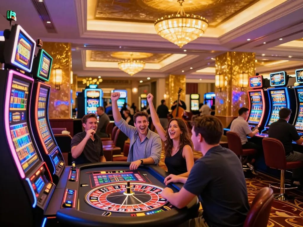 Pemain menikmati slot dan roulette di kasino meledak88 dengan lampu neon yang cerah dan suasana yang hidup.