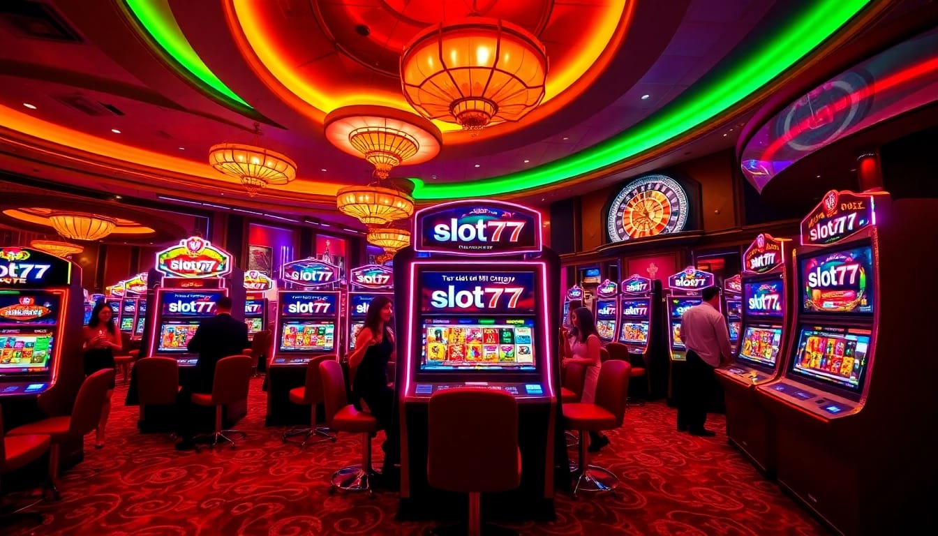 Excited players enjoying slot777 on luxurious casino slot machines in a vibrant setting.