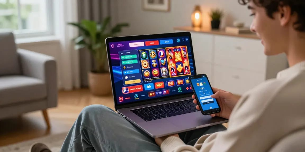 Player enjoying credit card gaming at home, representing dea.org.uk's top online casinos in 2026 with vibrant graphics and payment options.