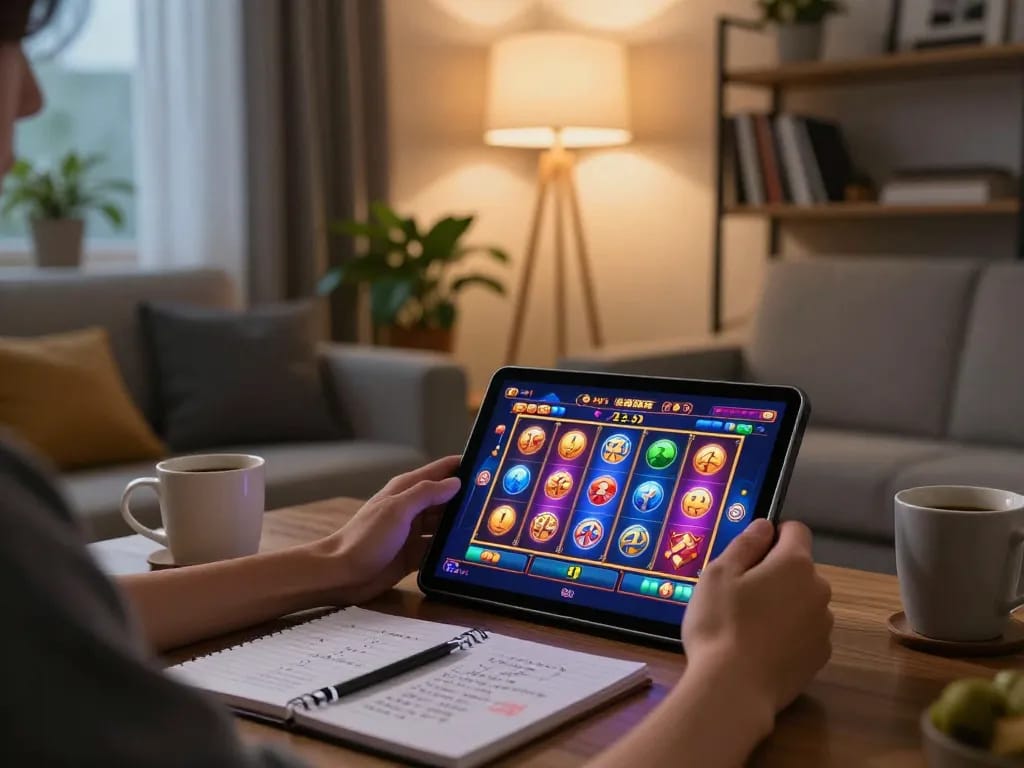 Engaging online gaming scene with kdslot on a tablet, warm lighting and cozy atmosphere