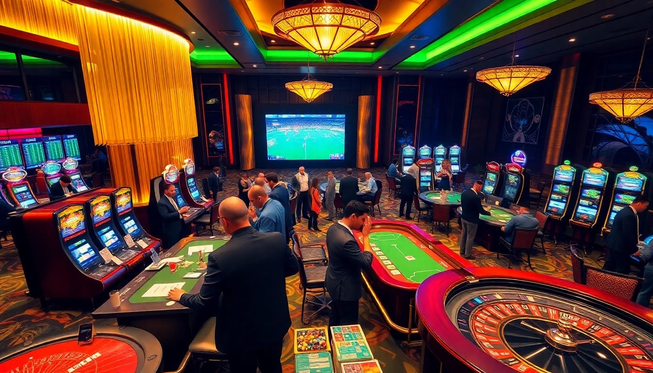 A vibrant Agen Judi Bola casino scene showcasing sports betting excitement with enthusiastic players.