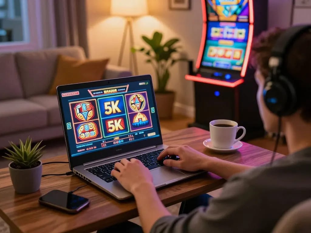 Engaging in slot 5k gameplay on a laptop in a cozy home setting while enjoying strategic online gambling