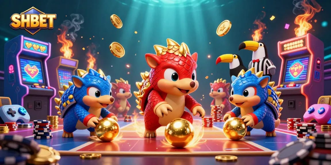 SHBET pangolins compete in a vibrant casino scene, showcasing dynamic gaming elements and excitement.