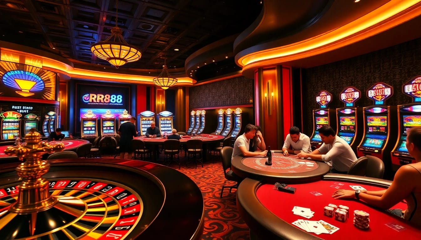 RR88 casino scene featuring players enjoying poker and roulette in a luxurious setting