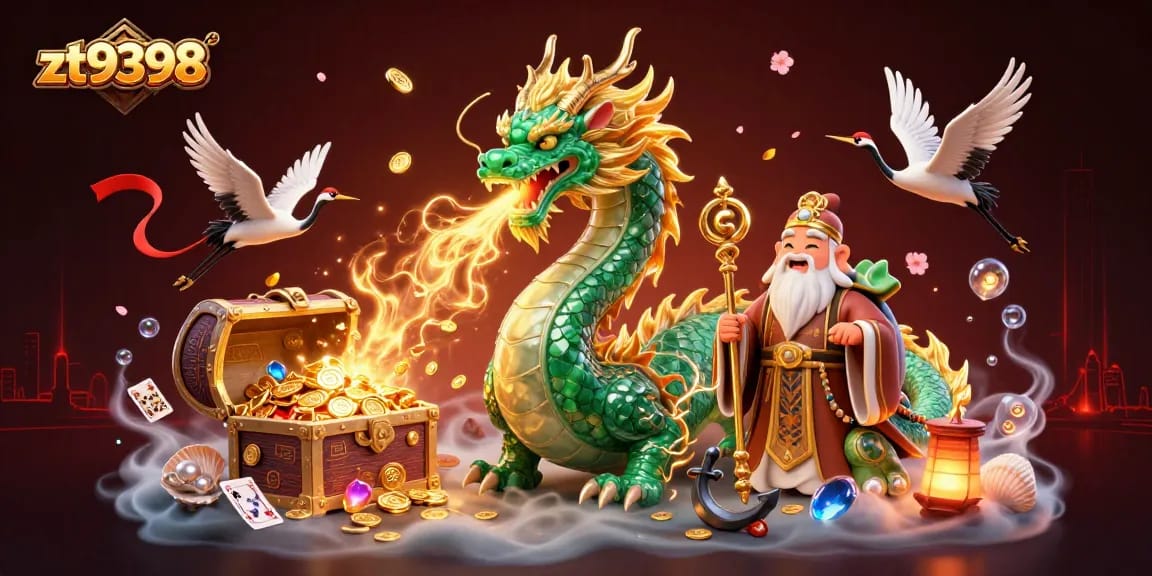 Engage in thrilling gameplay at zt9398 with immersive elements like a jade dragon and floating playing cards.