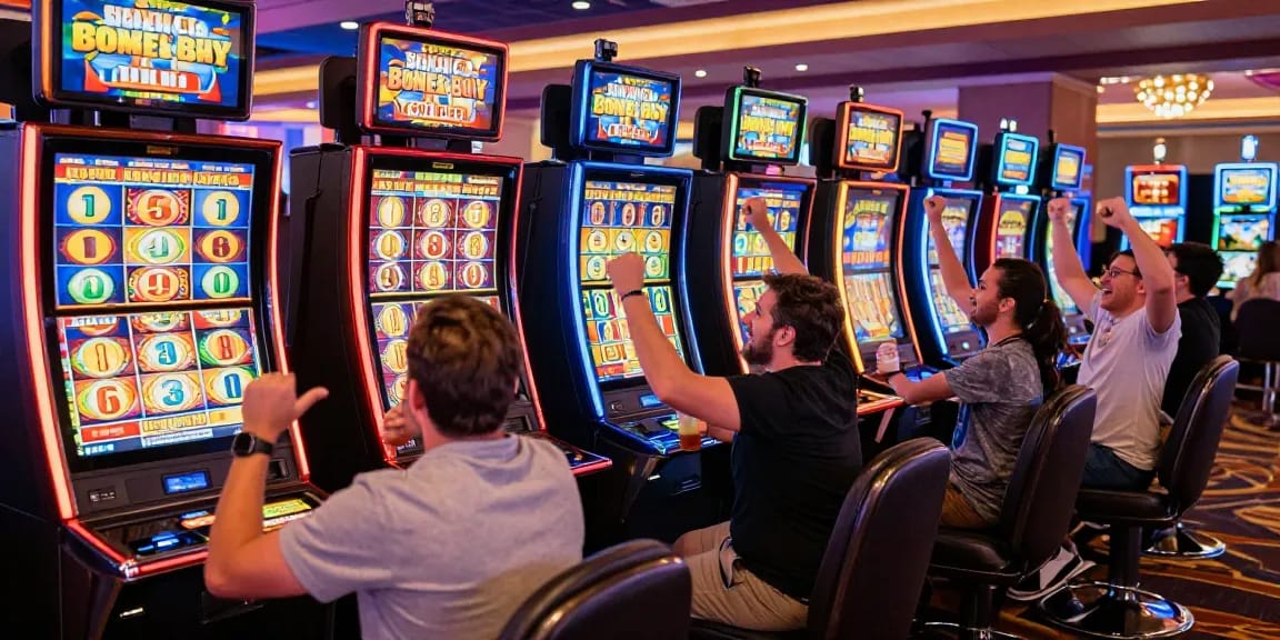 Players enjoying bonus buy slots at https://celebratepanto.co.uk/, celebrating wins in a vibrant casino atmosphere.