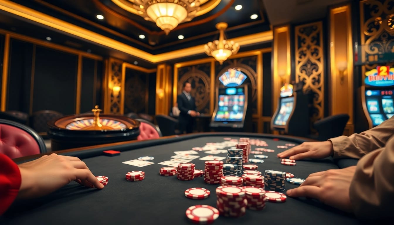 KJC poker players strategizing at an upscale casino table amidst luxurious surroundings.