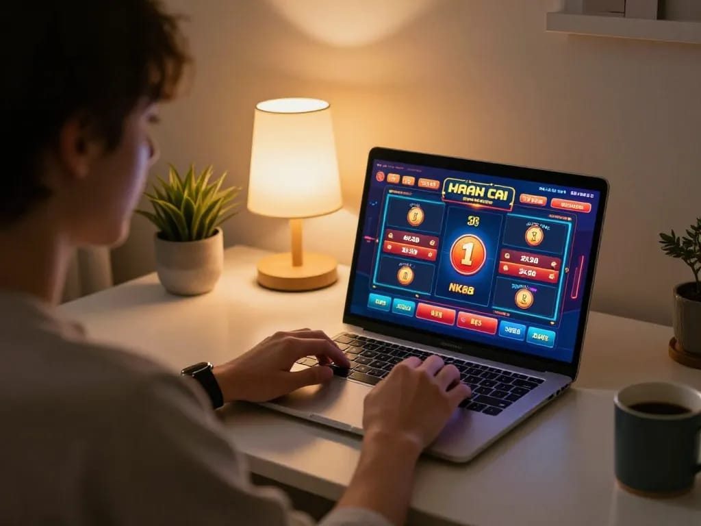 Play online slots on NK88 nhà cái with a cozy home setup, smartphone and laptop in use.