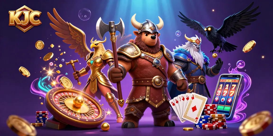 Engage with KJC's thrilling casino atmosphere amid golden coins, spinning roulette wheels, and glorious characters.