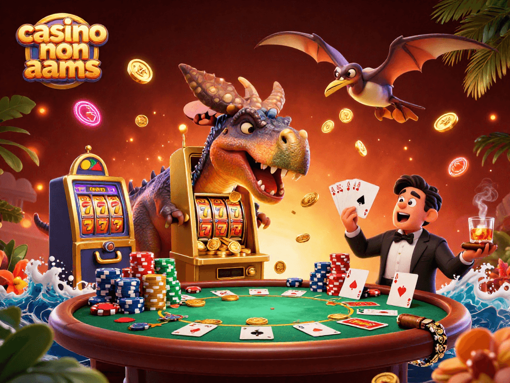 Un'illustrazione vivace che mostra casino non aams, un pachicefalosauro che colpisce una slot machine dorata per vincere monete.