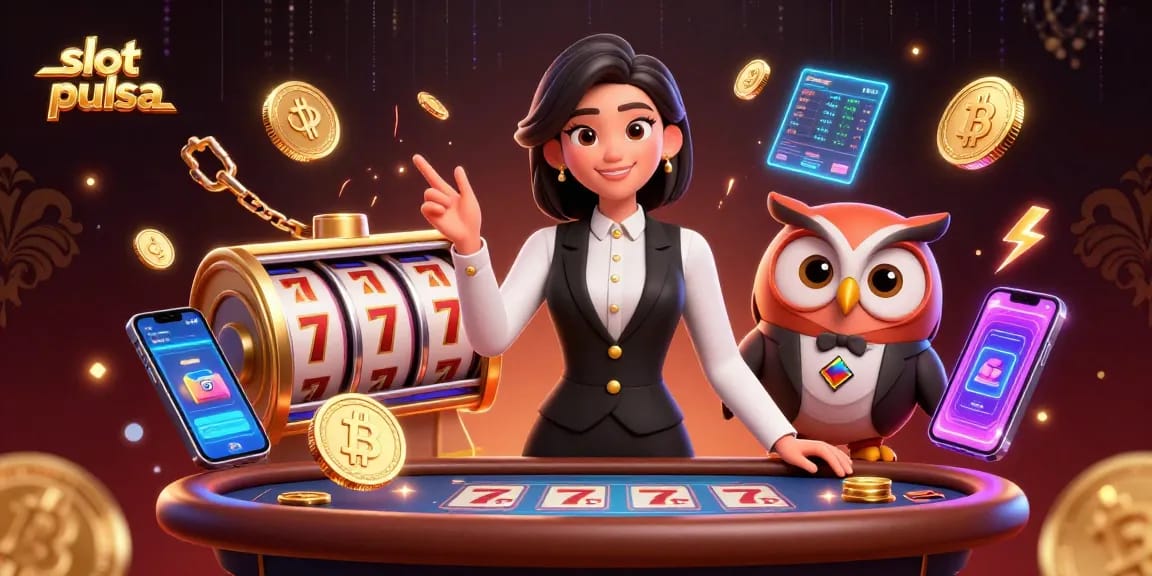 Experience thrilling slot pulsa games with an elegant dealer in a luxurious casino setting.
